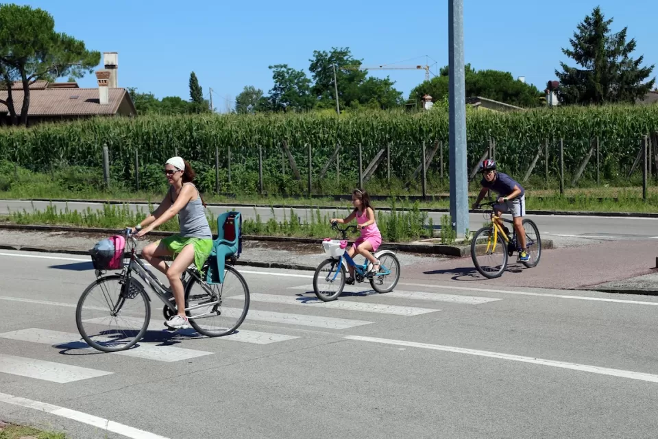 Woman and two children riding bikes across a striped crosswalk.